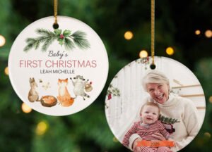 custom personalized woodland babies christmas ornament – Christmas ornament, holiday tree decoration or gift
