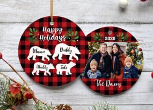 custom personalized plaid bear family of 3 christmas ornament – Christmas ornament, holiday tree decoration or gift
