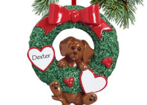 holiday personalized dog wreath - brown dog christmas ornament – Christmas ornament, holiday tree decoration or gift