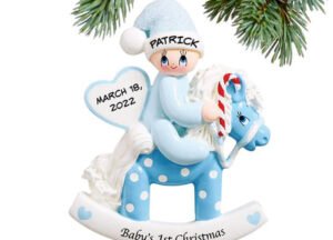 engraved personalized baby's first christmas rocking horse blue christmas ornament – Christmas ornament, holiday tree decorat