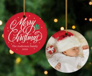 Merry Christmas Family Personalized Ceramic Round Photo Ornament