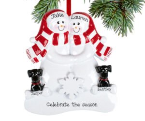 Snowman Family With Two Black Dogs Personalized Ornament