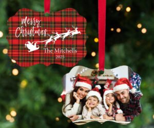 Merry Christmas Plaid Santa Photo Personalized Christmas Ornament