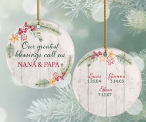 Grandkids Greatest Blessing Personalized Ceramic Round Ornament - 3, 4, 5, 6, 7, 8, 9 Family Members