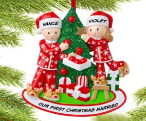 Couple Decorating the Tree Ornament