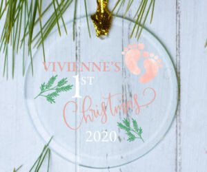 1st Christmas - Baby Feet With Botanical Personalized Glass Ornament