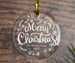 Merry Christmas Family Personalized Glass Ornament