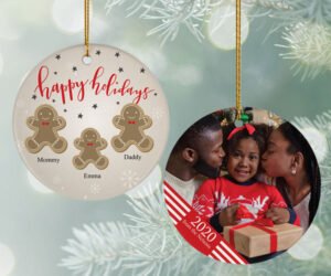 Gingerbread Family of 3 Photo Christmas Ornament