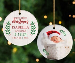 Baby's First Christmas Photo Personalized Ceramic Round Ornament