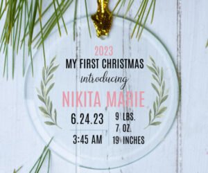 My First Chrismas Baby Girl or Boy Birth Stats Personalized Glass Ornament