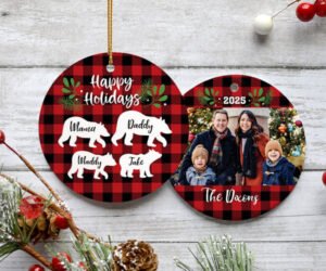 Plaid Bear Family Personalized Ceramic Round Ornament - 3, 4, 5, 6 or 7 Family Members