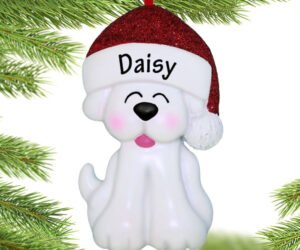 White Dog Ornament With Santa Hat Ornament