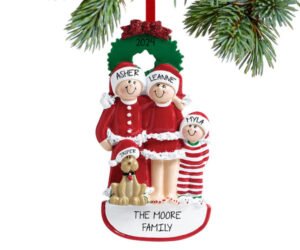 Christmas Eve Family with Dog Personalized Ornament - 3, 4, 5, 6 Family Members