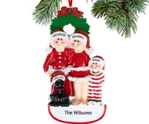 Christmas Eve Family With Black Dog Personalized Ornament - 3, 4, 5, 6 Family Members