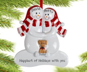 Snowman Family With A Brown Dog Personalized Ornament