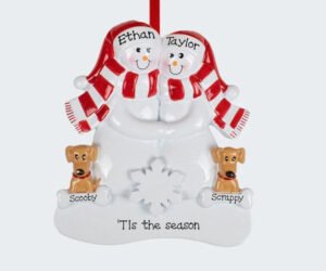 Snowman Family With Two Brown Dogs Personalized Ornament
