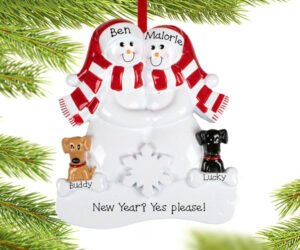 Snowman Family With A Brown And Black Dog Personalized Ornament