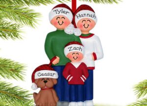 custom personalized family of 3 with brown dog christmas ornament – Christmas ornament, holiday tree decoration or gift