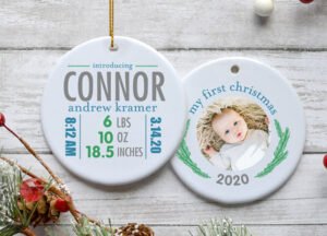 engraved personalized birth stats boy photo christmas ornament – Christmas ornament, holiday tree decoration or gift