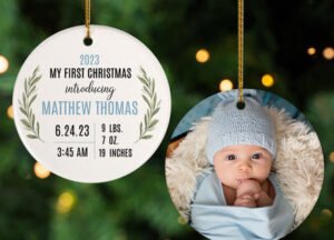 engraved personalized baby boy birth stats christmas ornament – Christmas ornament, holiday tree decoration or gift