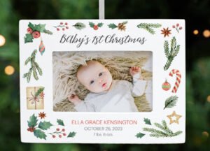 holiday personalized baby first christmas stats picture frame photo ornament – Christmas ornament, holiday tree decoration or