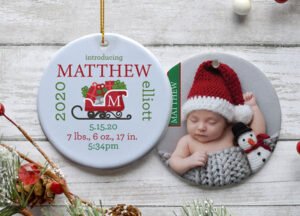 engraved personalized birth announcement christmas photo christmas ornament – Christmas ornament, holiday tree decoration or
