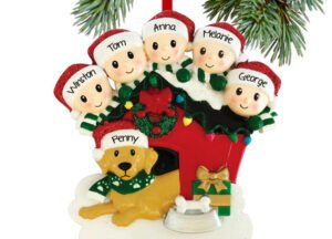 decorative personalized family of 5 with dog in doghouse christmas ornament – Christmas ornament, holiday tree decoration or