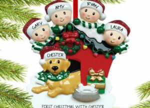 keepsake personalized family of 4 with dog in doghouse christmas ornament – Christmas ornament, holiday tree decoration or gi