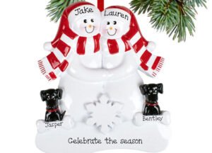 decorative personalized snowman family of 4 with 2 black dogs christmas ornament – Christmas ornament, holiday tree decoratio