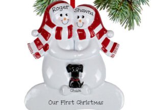 holiday personalized snowman family of 4 with 1 black dog christmas ornament – Christmas ornament, holiday tree decoration or