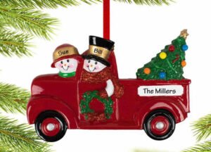 engraved personalized vintage red truck snowman couple christmas ornament – Christmas ornament, holiday tree decoration or gi