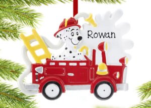 engraved personalized fire truck with dog christmas ornament – Christmas ornament, holiday tree decoration or gift
