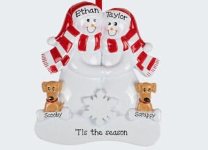 Snowman Family With Two Brown Dogs Personalized Ornament